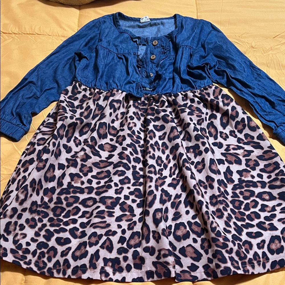 SHEIN Denim Blue and Leopard Print Kids Dress